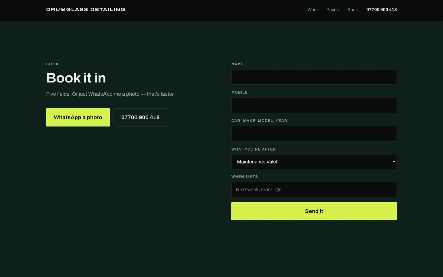 Car detailing booking form