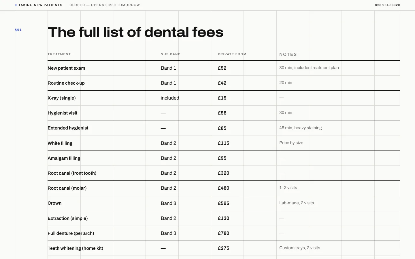 Dental clinic price list
