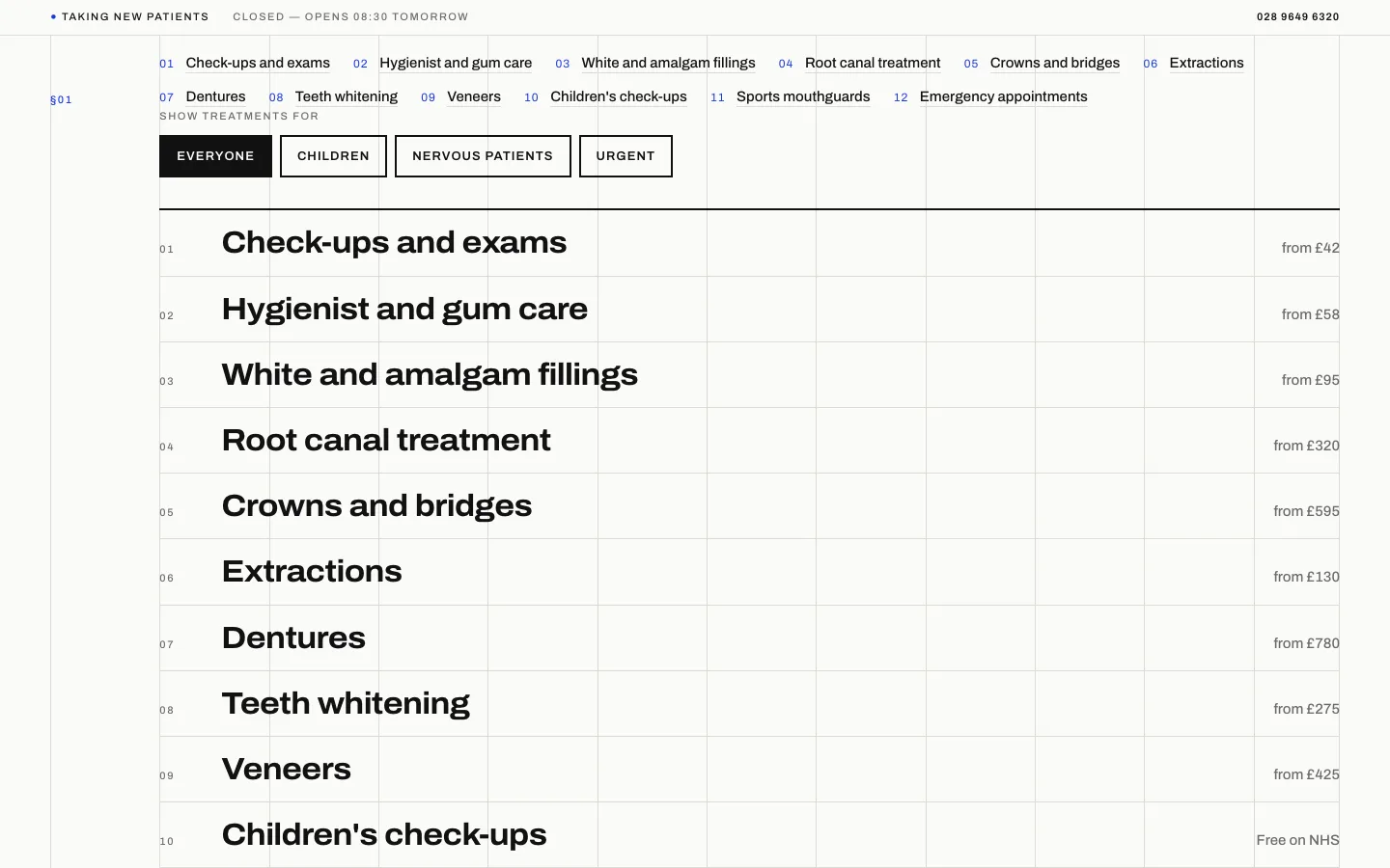 Dental clinic treatment list